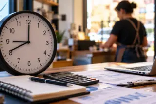 Relógio de mesa grande marcando cerca de nove horas sobre mesa com calculadora, caderno, caneta, documentos e laptop, com pessoa de avental desfocada ao fundo