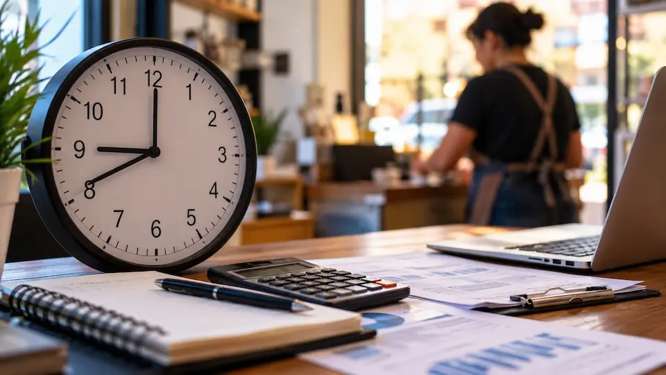 Relógio de mesa grande marcando cerca de nove horas sobre mesa com calculadora, caderno, caneta, documentos e laptop, com pessoa de avental desfocada ao fundo