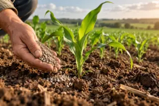 Mão segurando grânulos de fertilizante perto de mudas de milho em solo cultivado