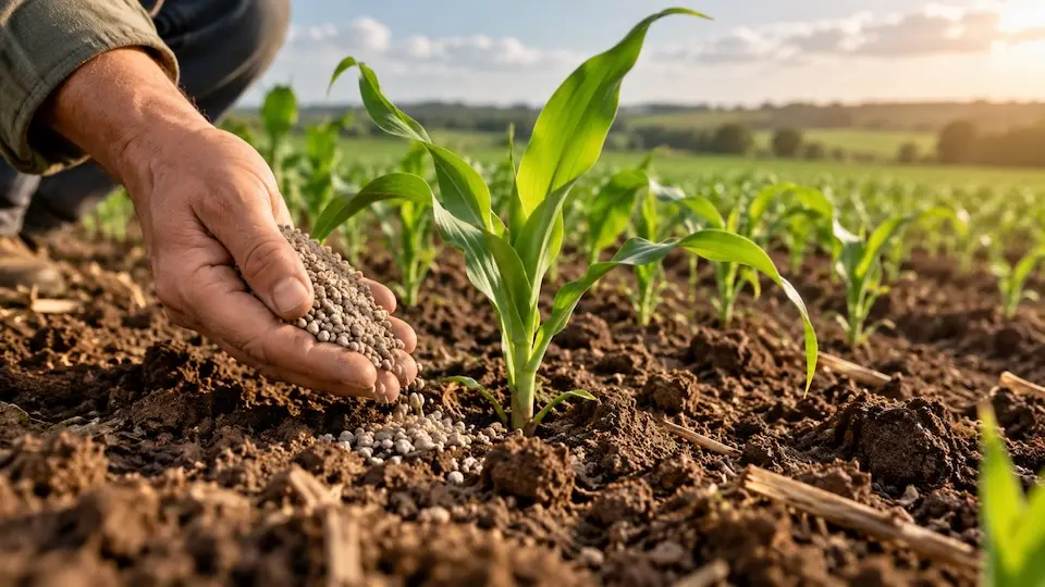 Mão segurando grânulos de fertilizante perto de mudas de milho em solo cultivado
