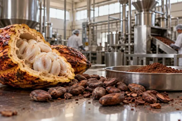 Fruto de cacau aberto, grãos e cacau em pó em primeiro plano, com equipamentos industriais ao fundo.