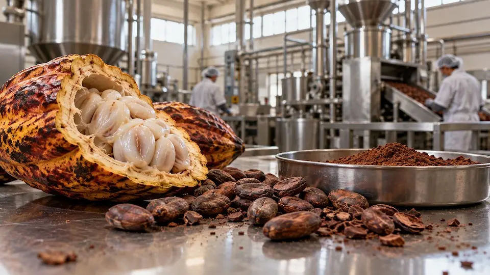 Fruto de cacau aberto, grãos e cacau em pó em primeiro plano, com equipamentos industriais ao fundo.