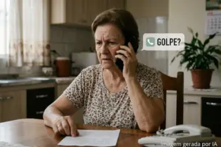 Mulher idosa segurando telefone ao ouvido em cozinha, expressão preocupada, papel sobre a mesa e balão de diálogo com texto 'GOLPE?'
