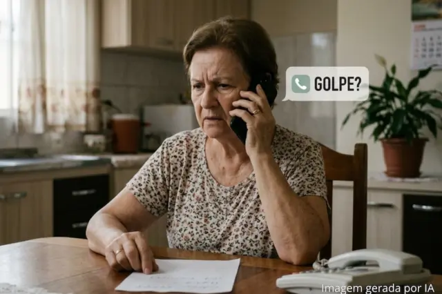 Mulher idosa segurando telefone ao ouvido em cozinha, expressão preocupada, papel sobre a mesa e balão de diálogo com texto 'GOLPE?'