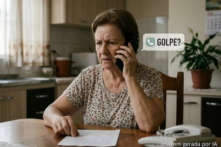 Mulher idosa segurando telefone ao ouvido em cozinha, expressão preocupada, papel sobre a mesa e balão de diálogo com texto 'GOLPE?'