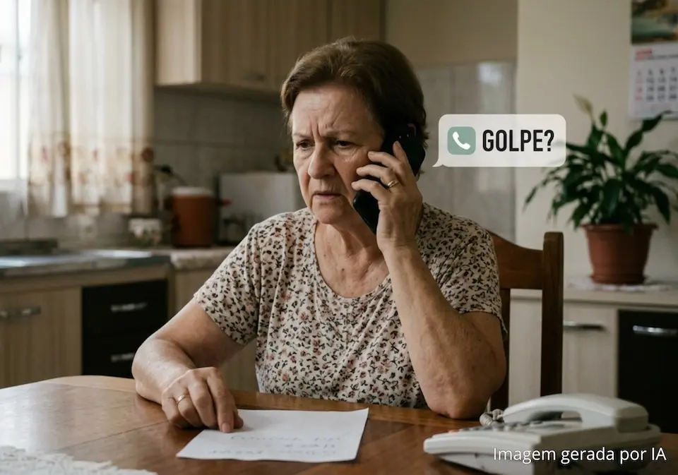 Mulher idosa segurando telefone ao ouvido em cozinha, expressão preocupada, papel sobre a mesa e balão de diálogo com texto 'GOLPE?'