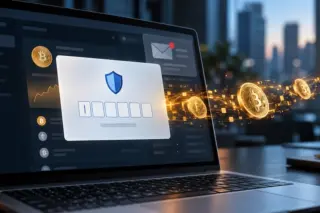 Tela de notebook com janela de verificação de segurança e ícones de bitcoin flutuando à direita