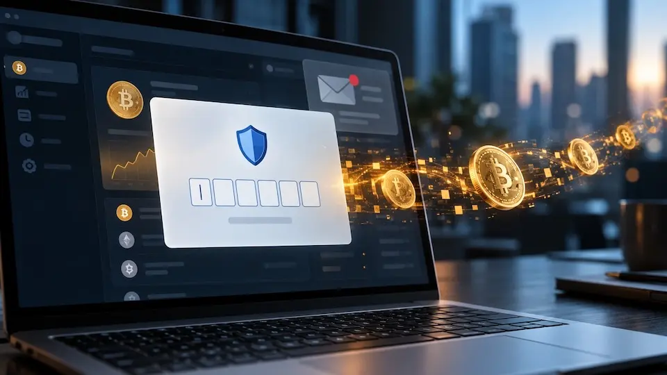 Tela de notebook com janela de verificação de segurança e ícones de bitcoin flutuando à direita
