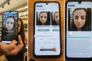 Três smartphones exibindo telas do app botik com análise facial; à esquerda celular mostra enquadramento do rosto na loja