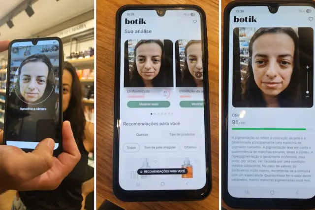 Três smartphones exibindo telas do app botik com análise facial; à esquerda celular mostra enquadramento do rosto na loja