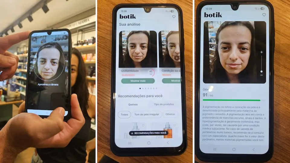 Três smartphones exibindo telas do app botik com análise facial; à esquerda celular mostra enquadramento do rosto na loja