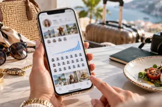 mãos segurando um smartphone com feed de rede social na tela sobre mesa com óculos de sol, relógio, bolsa, câmera e prato de comida