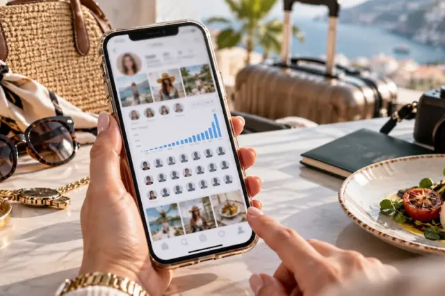 mãos segurando um smartphone com feed de rede social na tela sobre mesa com óculos de sol, relógio, bolsa, câmera e prato de comida