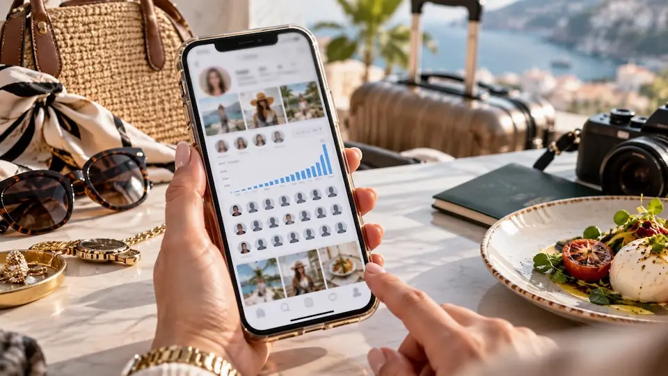 mãos segurando um smartphone com feed de rede social na tela sobre mesa com óculos de sol, relógio, bolsa, câmera e prato de comida