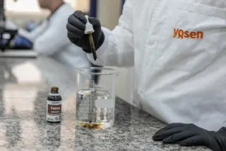 Mãos com luvas pretas seguram conta-gotas com líquido marrom sobre um béquer com líquido transparente; frasco marrom rotulado 'Ferro ydrosolv' e jaleco com logo Yosen visíveis