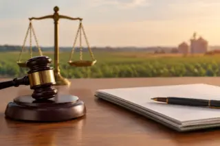 martelo de juiz, balança da justiça e caderno com caneta sobre mesa, com campo agrícola e silos desfocados ao fundo
