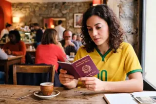 Mulher sentada em um café lendo um passaporte italiano, com xícara de café e caderno sobre a mesa