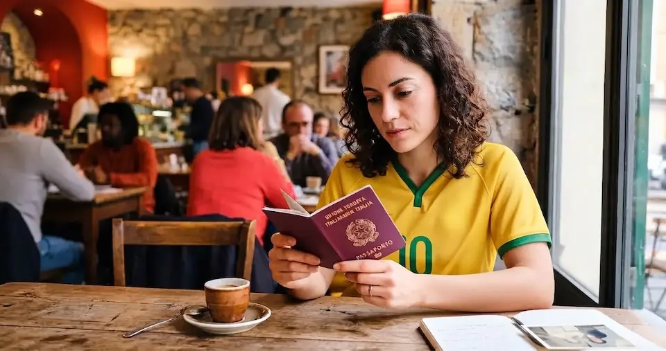 Mulher sentada em um café lendo um passaporte italiano, com xícara de café e caderno sobre a mesa
