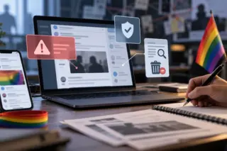 mesa com laptop e celular exibindo interfaces de redes sociais, ícones de moderação flutuantes e uma bandeira arco-íris