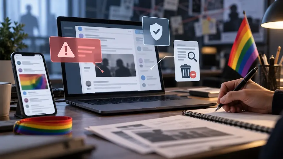 mesa com laptop e celular exibindo interfaces de redes sociais, ícones de moderação flutuantes e uma bandeira arco-íris