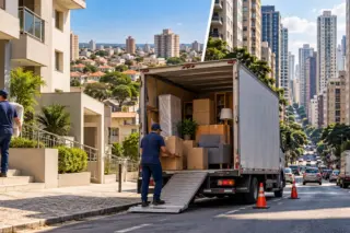 Caminhão de mudanças transportando móveis e caixas entre Guaíra, Ribeirão Preto e São Paulo.