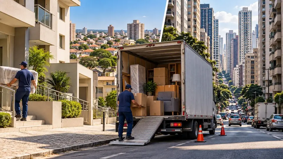 Caminhão de mudanças transportando móveis e caixas entre Guaíra, Ribeirão Preto e São Paulo.