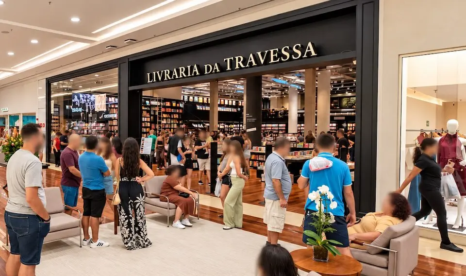 Entrada da Livraria da Travessa no shopping, com clientes na área externa e estantes de livros ao fundo