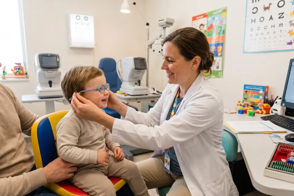 médica ajusta óculos em criança sentada no colo de um adulto em consultório oftalmológico com equipamentos e tabela visual ao fundo