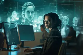 mulher sentada diante de monitores em central de atendimento com rostos digitais projetados ao fundo