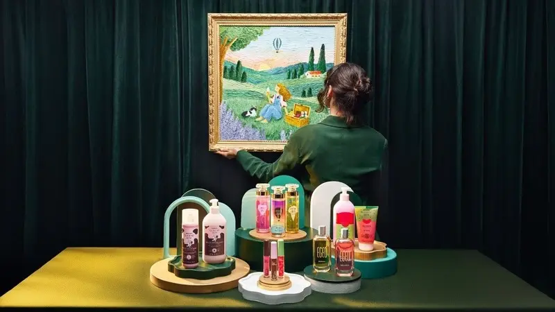 Pessoa de costas segurando um quadro com pintura de paisagem; frascos e embalagens coloridos de cosméticos dispostos sobre pedestais em uma mesa, com cortina verde ao fundo