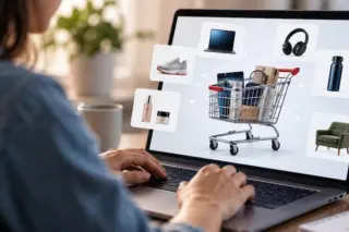 Pessoa digitando em notebook com carrinho de compras e ícones de produtos na tela