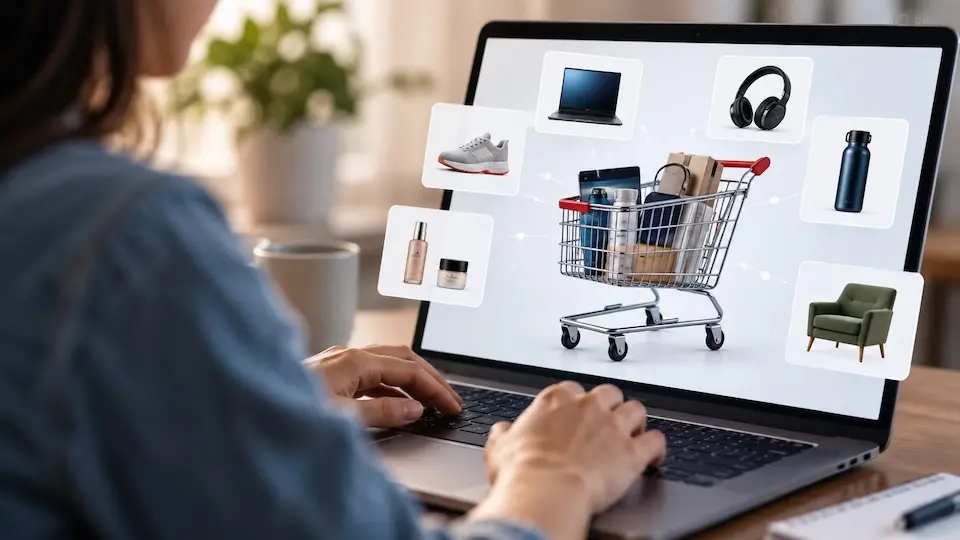 Pessoa digitando em notebook com carrinho de compras e ícones de produtos na tela