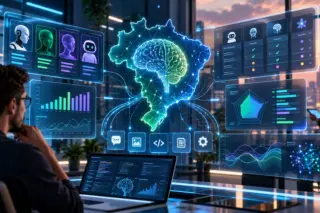 Plataforma de inteligência artificial com painéis de comparação, gráficos e rede neural representando o Brasil