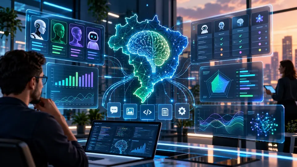 Plataforma de inteligência artificial com painéis de comparação, gráficos e rede neural representando o Brasil