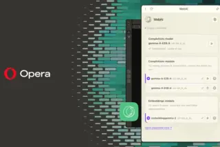 Logotipo da Opera à esquerda sobre fundo padronizado em tons de verde; à direita, janela de navegador exibindo painel WebAI com listas de modelos e um ícone circular verde no centro