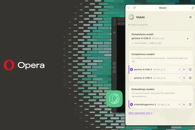 Logotipo da Opera à esquerda sobre fundo padronizado em tons de verde; à direita, janela de navegador exibindo painel WebAI com listas de modelos e um ícone circular verde no centro