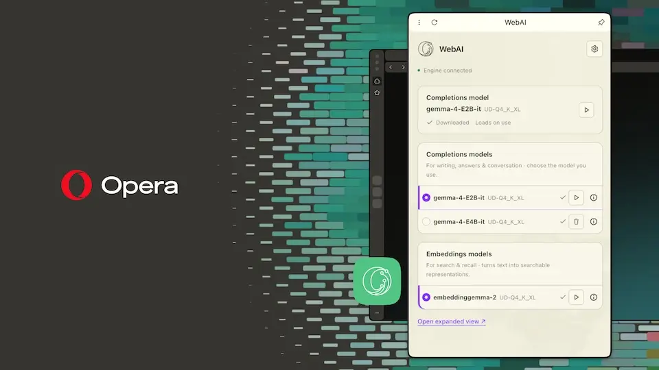 Logotipo da Opera à esquerda sobre fundo padronizado em tons de verde; à direita, janela de navegador exibindo painel WebAI com listas de modelos e um ícone circular verde no centro