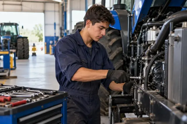 Jovem aprendiz realizando manutenção mecânica em trator agrícola dentro de uma oficina