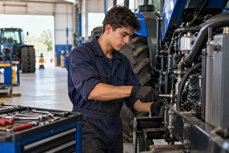 Jovem aprendiz realizando manutenção mecânica em trator agrícola dentro de uma oficina