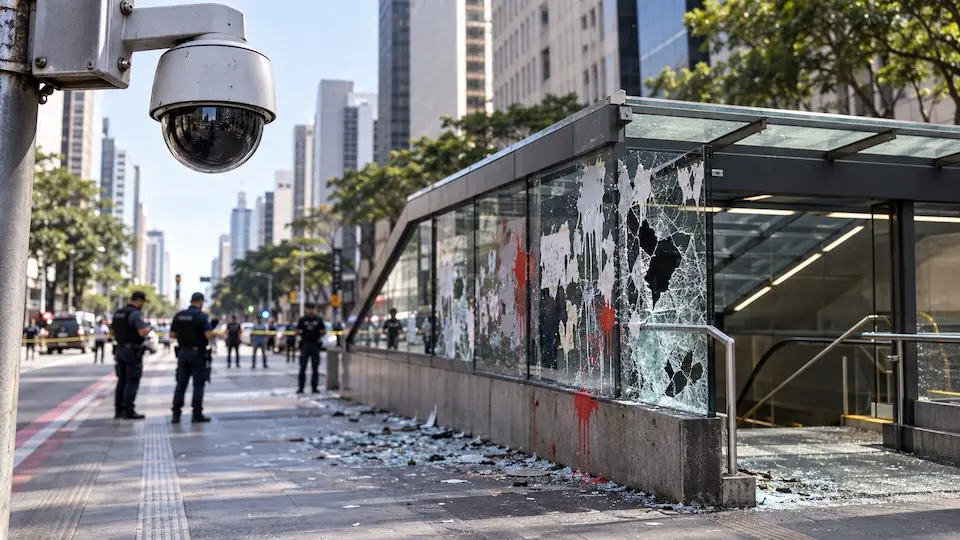 Câmera de segurança monitora área com vidros quebrados e sinais de vandalismo em entrada de metrô, em ilustração da Avenida Paulista.