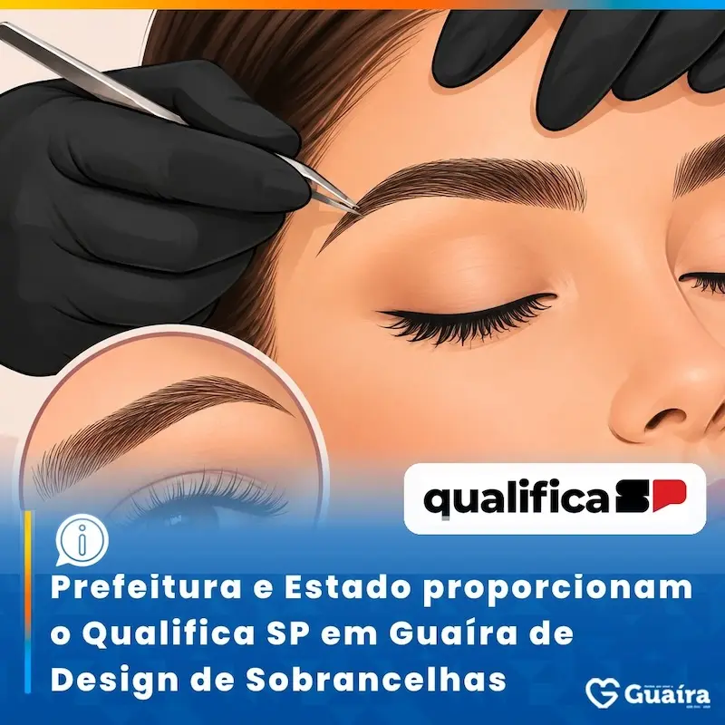 Ilustração close-up de rosto com olho fechado e sobrancelha sendo modelada por profissional de luvas pretas com pinça; selo Qualifica SP e faixa azul com texto promocional.