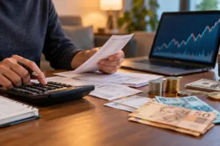 Pessoa calculando despesas com calculadora, folhas, cédulas em reais, moedas e laptop com gráfico
