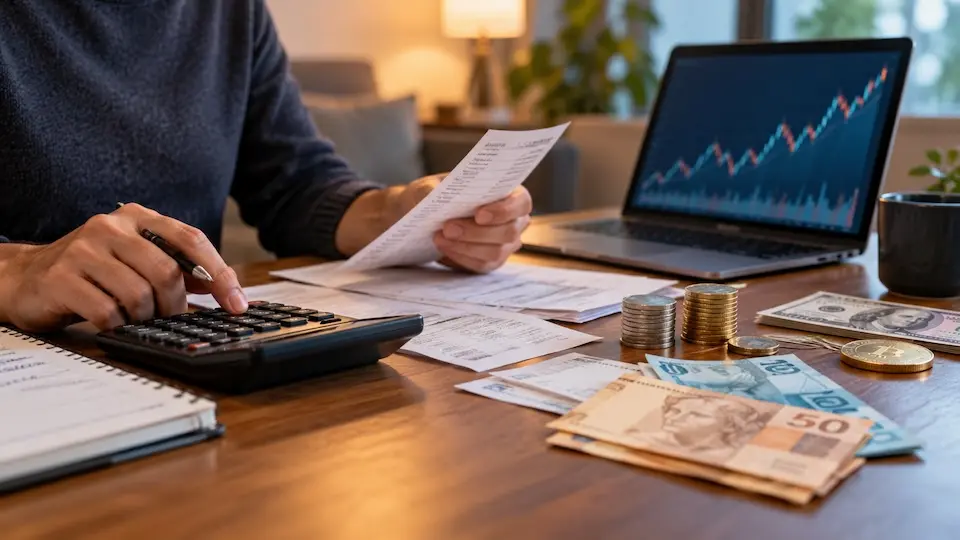 Pessoa calculando despesas com calculadora, folhas, cédulas em reais, moedas e laptop com gráfico