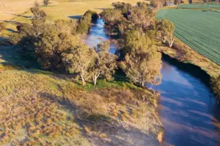 Vista aérea de rio sinuoso margeado por árvores, campos cultivados e pastagens