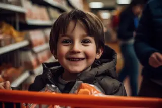 Criança sorrindo sentada em um carrinho de supermercado segurando embalagens de cor laranja