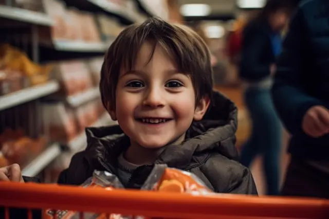 Criança sorrindo sentada em um carrinho de supermercado segurando embalagens de cor laranja