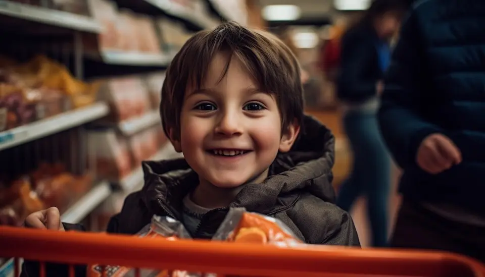 Criança sorrindo sentada em um carrinho de supermercado segurando embalagens de cor laranja
