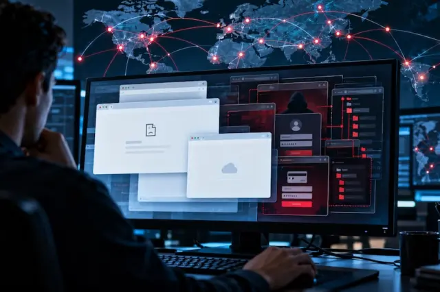 Pessoa de costas em frente a monitor exibindo janelas de navegador com ícones de arquivo ausente, painéis vermelhos de interface e mapa-múndi com conexões