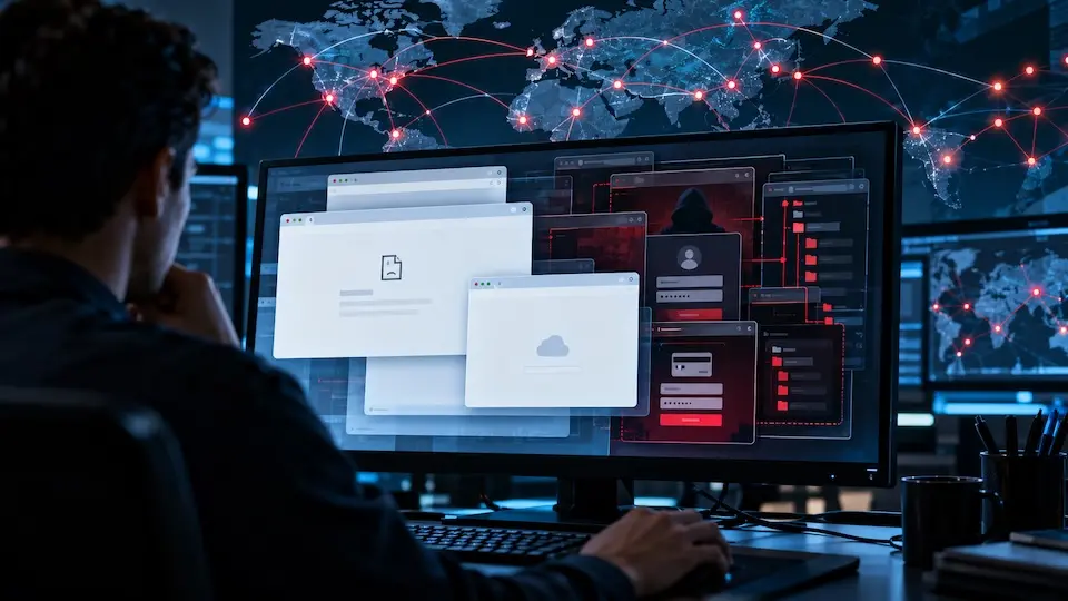 Pessoa de costas em frente a monitor exibindo janelas de navegador com ícones de arquivo ausente, painéis vermelhos de interface e mapa-múndi com conexões
