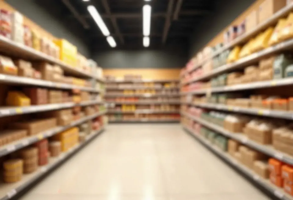 corredor de supermercado com prateleiras à esquerda e à direita e produtos desfocados